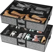 Zippered Underbed Storage Bag,Breathable Clothes Blanket Storage Bag for Comforter and Quilt,Tidy Up Your Closet,Shelves,with Clear Window,Dual Zippers,2 Strong Handles Underbed Shoe Storage Dark Grey Set of 2