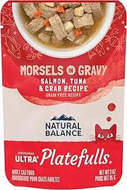 Natural Balance Platefulls Grain Free Cat Food, Salmon, Tuna, and Crab Formula in Gravy, 3-Ounce Pouches (Pack of 24)