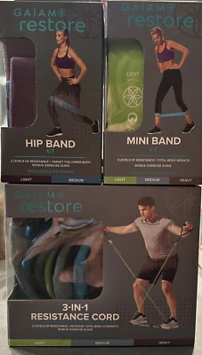 Gaiam Restore 3-in-1 Resistance Band Kit With Mini Band Kit Hip Band Kit NEW