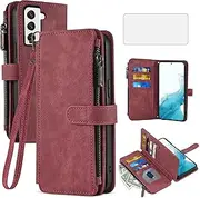 Asuwish Phone Case for Samsung Galaxy S22 5G Wallet Cover with Tempered Glass Screen Protector and Leather Flip Credit Card Holder Stand Lanyard Cell Accessories S 22 22S 4G G5 6.1 inch Women Men Red