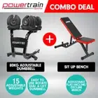2x 40kg Powertrain Adjustable Dumbbells and Stand w/10437 Adidas Bench