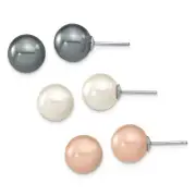 Solid Sterl Silver Black, White Pink Round Shell Pearl Set of 3 Post Earrings