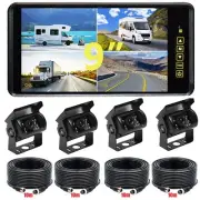 9" Quad Split Mirror Monitor+4x Side View Backup Camera System for Truck Trailer