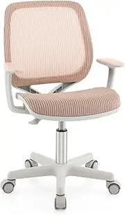 Costway Kids Desk Chair, Ergonomic Children Study Computer Chairw/Height Adjustable, Soft Filling Sponge, Sit-Brake Wheels, Breathable Mesh Swivel Task Student Chair 6-15 Years Old for Home (Pink)