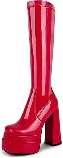 [wetkiss] Stacked Platform Knee High Boots for Women With High Chunky Heel, Gogo Boots for Women with Square Toe Side Zipper Stretch Boot