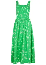 Damson Madder Kiera Printed Cotton Midi Dress - Green - 14 (UK14 / L) 14 (UK14 / L)