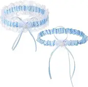 [Bencailor] Blue Lace Garter Belt for Bridal Wedding - 2 Piece Set With Bow Tie and Flower - Stretch Elastic Band for Prom, Dance, Cosplay Party