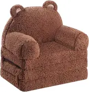 Foldable Kids Sofa, Sherpa Teddy Bear Toddler Couch with Tri Small, Brown