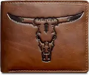 [MID WEST RANGE] Texas Longhorn Bifold Wallet - Western Wallet for Men -Longhorn Cowboy Wallet - RFID Blocking & 9 Card Slots - Distressed Leather Cowboy Wallet for Men, Brown, The Patriot American Flag