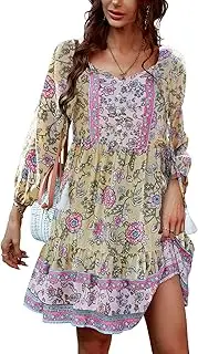 [TcIFE] Women's Bohemian 3/4 Sleeve V-Neck Dress Elegant Vintage Floral Tunic Beach Dress Casual Summer Outings Dresses