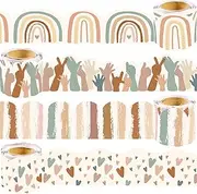 120Ft Boho Bulletin Board Borders Pastel Classroom Bulletin Board Decorations Colorful Rainbow Hands Heart Scalloped Trim Border for School Office Supplies Classroom Door Wall Decor, 4 Rolls