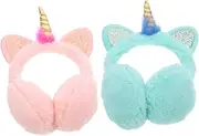 [Ipetboom] 2Pcs Unicorn Plush Ear Muffs Cartoon Headband Earmuffs for Warm Winter Accessories for Ice Skating Sledding Skiing and Outdoor Fun Edges Random Color