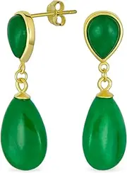 [Bling Jewelry] Delicate Double Teardrop Earrings: Genuine Black Onyx & Green Jade Dangle in Classic Simple Design for Women 14K Yellow Gold Overlay on .925 Sterling Silver