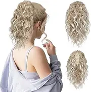 FLUFYMOOZ Ponytail Extension, 12" Short Claw Ponytail Extension Wavy Curly Jaw Clip in Pony tails Hair Extension Natural Synthetic Hairpiece for Women (Light Blonde with White Blonde Highlight)