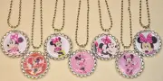 SET OF 7- "MINNIE MOUSE" Flat Bottlecaps w/ 7 necklaces.Birthday party favors.