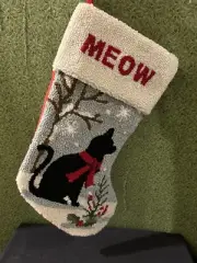 Flannel Backed Needlepoint Christmas Black Cat 16” “ Meow” Christmas Stocking