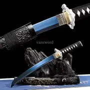 12'Japanese Tanto Carbon Steel Mini Knife Blue Blade Dragon Sheath Samurai Sword