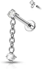 [Agrewd] Minimalist Flat Back Helix Tragus Labret Piercing Jewellery Gold Silver G23 Solid Titanium Helix Cartilage Earrings Stud 16G Internally Threaded Helix Earrings with Dangle Chain for Women Men