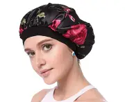 Satin Bonnet Double Layer Sleep cap Printing bonnet Wide Elastic Band for Women Haircare,Curly Natural Long Hair -Black flower