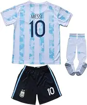 [Necm] 2021 Argentina #10 Leo Messi Copa-American Home Kids Football Soccer Jersey/Shorts/Socks Kit Youth Sizes (Messi White, 24 (6-7 Years))