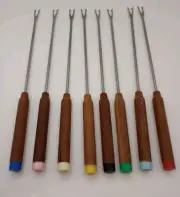 Vintage Fondue Fork Set Of 8 Color Coated Stainless Steel Wood Handle 10"