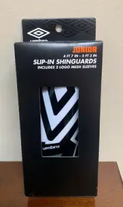 New Sealed Umbro Slip In Shinguards Junior Size Black White 4'7"- 5'3"