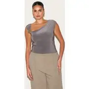 Plus Mushroom Double Layer Slinky Trim Detail Asymmetric Top, Mushroom