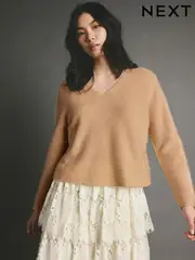 Camel Brown Premium 100% Cashmere V-Neck Knitted Jumper (E16077) | $105