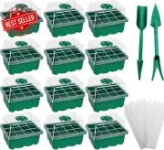 12-Pack Seed Starter Tray Kit, 12-Cell Trays with 10 Labels for Germination, Gre