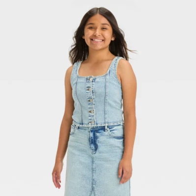 NWT Art Class Girls' Large 10/12 Light Blue Denim Corset Tank Top Button Front