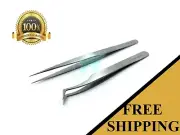 2 PCS Eyelash Extensions Tweezer Straight & Curved Stainless Steel Set