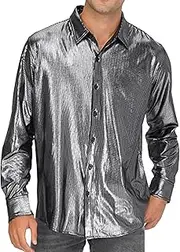 [Generic] Shiny Metallic Shirts for Mens Lapel Button Down Long Sleeve Summer Casual Regular Fit Party Clubwear Cosplay Tops