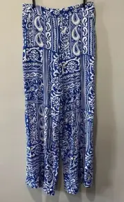 Zara Pants Women’s XL Pull On Blue Patchwork Paisley Floral Viscose Gauzy Resort