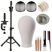 22 Inch Wig HeadWig Stand Tripod with HeadCanvas Wig HeadMannequin Head for WigsManikin Canvas Head Block Set for Wigs Making Display with Wig caps T/C Pins Se