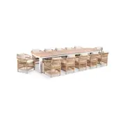 Balmoral 3.55m Outdoor Teak Top Aluminium Table with 12 Malawi Chairs 12 - White - Wheat Wicker