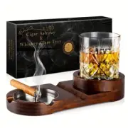 Cigar Ashtray Whiskey Glass Coaster, Drawer Wooden Ash Tray W/Cigar Cutter, WN