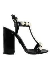 Dolce & Gabbana Black Leather Pearls T-strap Sandals Women's Shoes Authentic