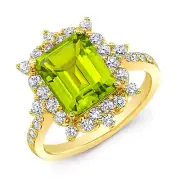 Octagon Emerald Cut Peridot Diamond Engagement Ring 14K Yellow Gold 4.01TCW