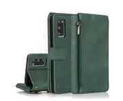 For Samsung Galaxy S20 Case, Leather Zipper Purse Flip Cover Case with Card Slot Holder Wrist Strap Lanyard (Dark Green)