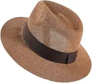 [Generic] Men Spring Letter Straw Hat Sun Hat Panama Casual Beach Classic Straw Jazz Basin Hat Brown Gray Adjust