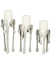 CosmoLiving by Cosmopolitan Set Of 3 Silver Aluminum Abstract Pillar Drip Candle Holder With Melting Designed Legs