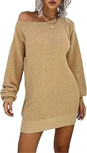 [Aosufei] Women's Sexy Slim Lantern Sleeve Dress Off Shoulder Waist Sweater Dress Elegant Fall Party Mini Dresses