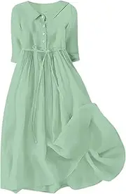 [Generic] Women's 3/4 Sleeve A Line Dresses Trendy Button-Front Midi Shirt Dress Cotton Linen Solid Midi Shirt Dress