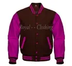 Baseball Varsity Letterman Bomber Brown Wool & Genuine Pink Leather Sleeve