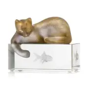 DAUM CRYSTAL AMBER & GREY CAT FIGURINE #03931 BRAND NIB KITTEN & FISH FRANCE F/S