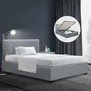 Artiss King Single Size Bed Frame Platform Headboard Frames Gas Lift Beds Base with Storage Space Bedroom Room Decor Home Furniture, Upholstered with Grey Faux Linen Fabric + Foam + Wood