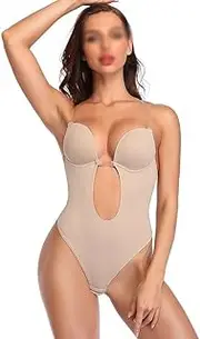 [Generic] Women Bodysuit Shapewear Deep V-Neck Body Shaper Backless Shapers Waist Trainer Strap Padded Push Up Corset