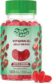 Human Beanz Vitamin D3 Jellybean Gummies for Adults, Bone Health and Immunity Support, 2000 IU Vitamin D, Nutritional Vegetarian Supplements, 120 Strawberry Blast Jellybeans, Kosher