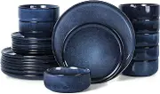 E-far 24-Piece Dinnerware Sets for 8, Stoneware Plates and Bowls Set, Reactive Glaze Dishes Dinning Ware, Microwave & Dishwasher Safe - Deep Sea Blue