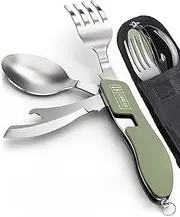 Orblue 4-in-1 Camping Utensils, 2-Pack, Portable Stainless Steel Spoon, Fork, Knife & Bottle Opener Combo Set - Travel, Backpacking Cutlery Multitool, Army Green